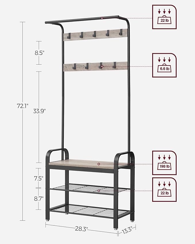 VASAGLE Coat Rack, Hall Tree with Shoe Bench for Entryway, Entryway Bench with Coat Rack, 4-in-1, with 9 Removable Hooks, a Hanging Rod, 13.3 x 28.3 x 72.1 Inches, Greige and Black UHSR40MB