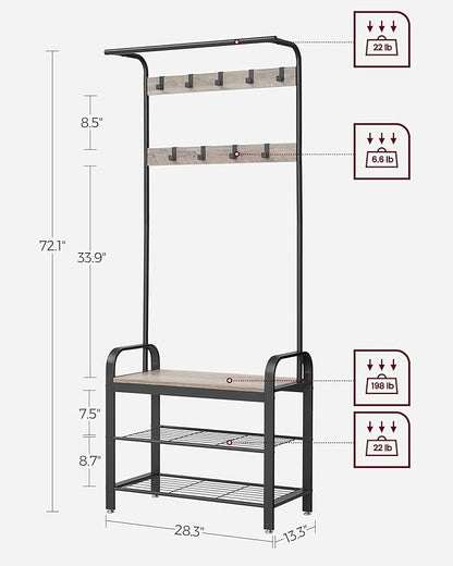 VASAGLE Coat Rack, Hall Tree with Shoe Bench for Entryway, Entryway Bench with Coat Rack, 4-in-1, with 9 Removable Hooks, a Hanging Rod, 13.3 x 28.3 x 72.1 Inches, Greige and Black UHSR40MB