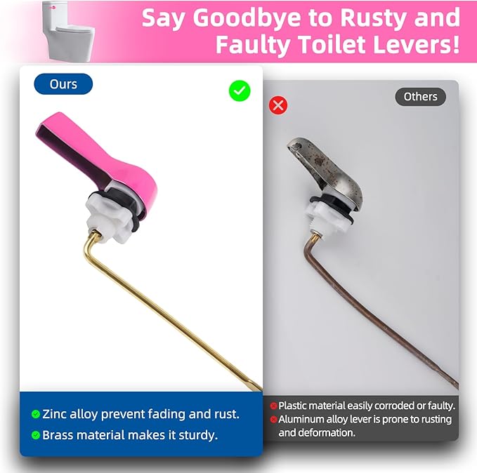 Hibbent Universal Metal Front Mount Toilet Handle Replacement Kit, Brass Toilet Flush Tank Lever with Stainless Steel Flapper Chains for Most Toilets, Pink