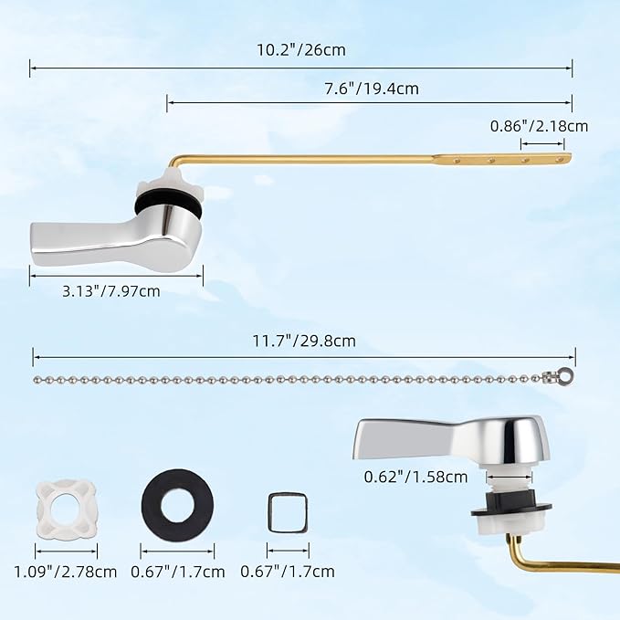 Hibbent Universal Front Mount Metal Toilet Handle Replacement Kit, Brass Toilet Tank Flush Lever with Stainless Steel Adjustable Flapper Chains for Most Toilets, Chrome