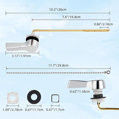 Hibbent Universal Front Mount Metal Toilet Handle Replacement Kit, Brass Toilet Tank Flush Lever with Stainless Steel Adjustable Flapper Chains for Most Toilets, Chrome