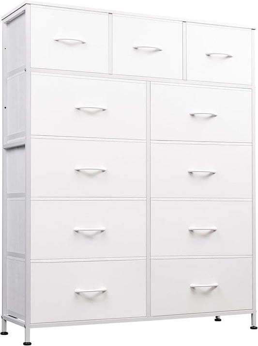 WLIVE Tall Dresser for Bedroom, Fabric Dressers Storage Tower, Dresser & Chest of Drawers Organizer Unit with 11 Drawers, Storage Cabinet, Hallway, Closets, Steel Frame, Wood Top, White