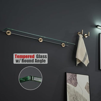 JQK Bathroom Glass Shelf, Tempered Glass Shower Storage 30 by 5 inches, 304 Stainless Steel Champagne Bronze Wall Mount, TGS101L30-CB
