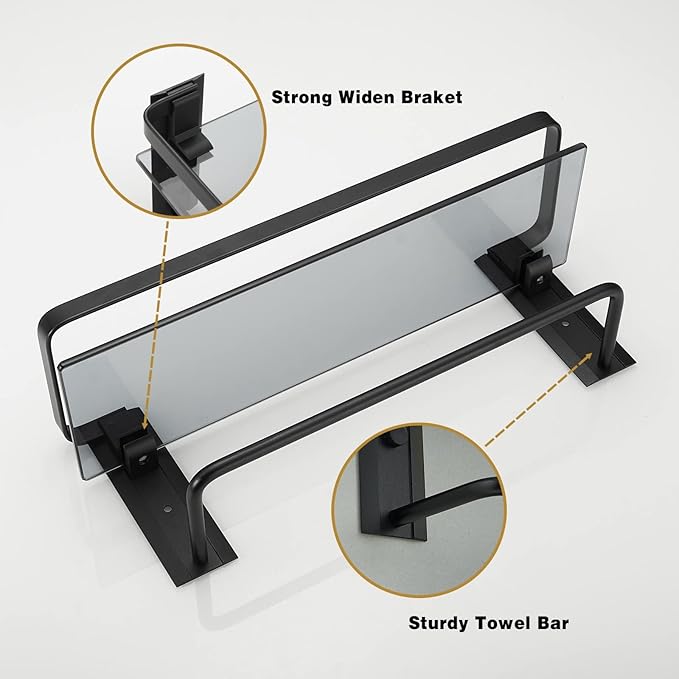 VOLPONE Glass Shelf for Bathroom 15.7 in Black Bathroom Shelves Wall Mounted Tempered Glass Shelving with 4 Removable Hooks (2 Tier)