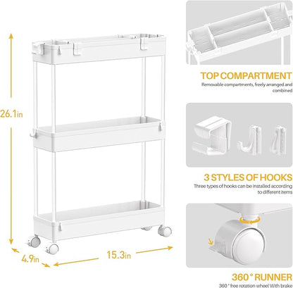 SPACELEAD Slim Storage Cart 3 Tier,Bathroom Organizer Rolling Utility, Mobile Shelving Unit Slide Out for Office, Kitchen, Laundry Room & Narrow Places,White