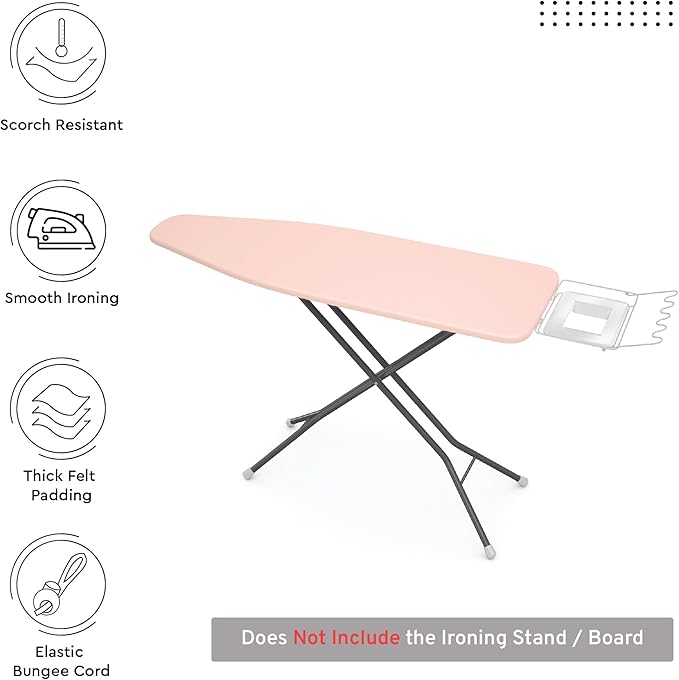 Encasa XO Ironing Board Cover and Pad 49"x18" - 4mm Felt Wide Iron Board Cover with Padding - Heat Resistant, Stain-Safe Dye, Non Slip Elastic Bungee Cord Tightening Iron Table Cover Powder Pink