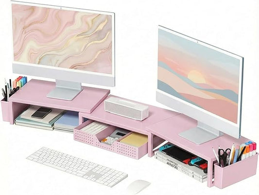 OPNICE Pink Desk Organizers and Accessories for Women, Dual Computer Monitor Stand Riser with Drawer and 2 Pen Holders, Office Desk Accessories, Workspace Desktop Organization for Office Supplies