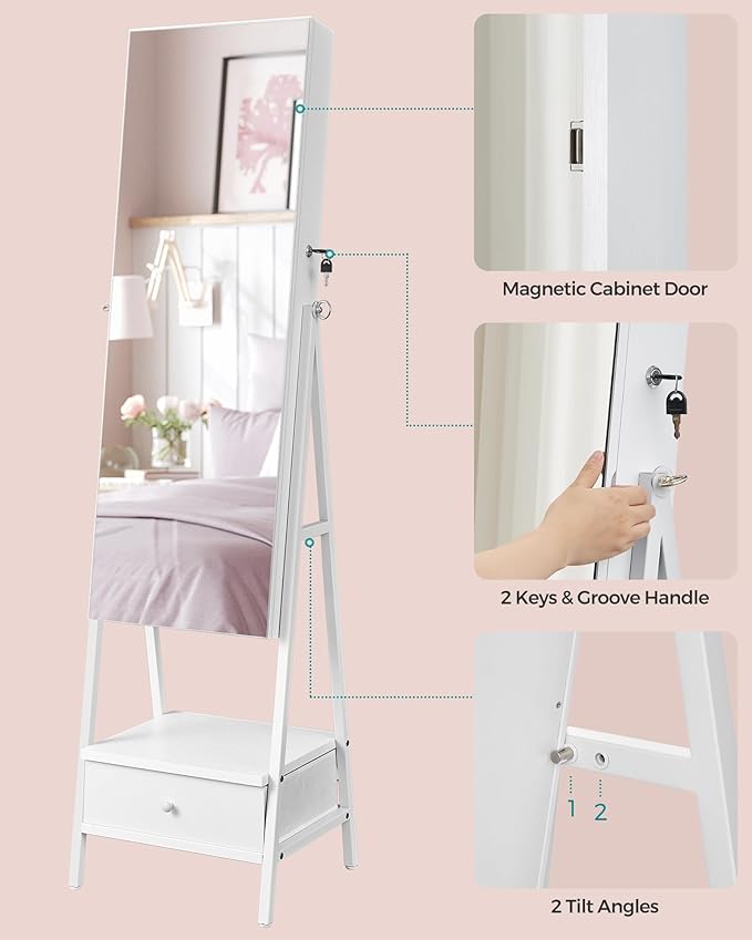 SONGMICS LED Mirror Jewelry Cabinet Standing, Lockable Jewelry Armoire with Full-Length Mirror, Space-Saving Jewelry Organizer with Mirror, Drawer and Shelf, Gift Idea, Cloud White UJJC025W01