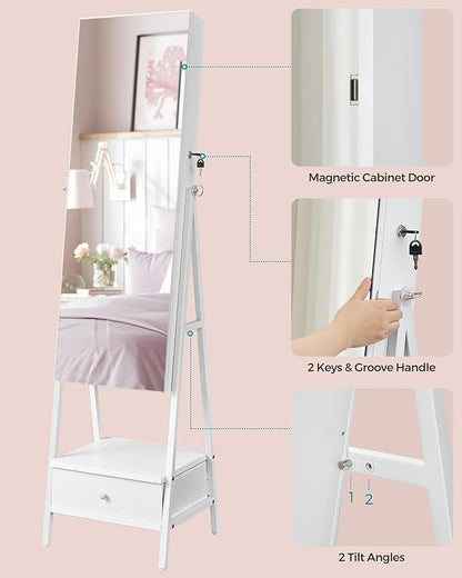 SONGMICS LED Mirror Jewelry Cabinet Standing, Lockable Jewelry Armoire with Full-Length Mirror, Space-Saving Jewelry Organizer with Mirror, Drawer and Shelf, Gift Idea, Cloud White UJJC025W01