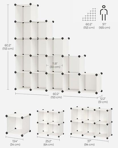 SONGMICS Cube Storage Organizer, Set of 16 Plastic Cubes, Book Shelf, Closet Organizers and Storage, Room Organization, Bedroom Living Room, 12.2 x 48.4 x 48.4 Inches, Cream White ULPC442M01