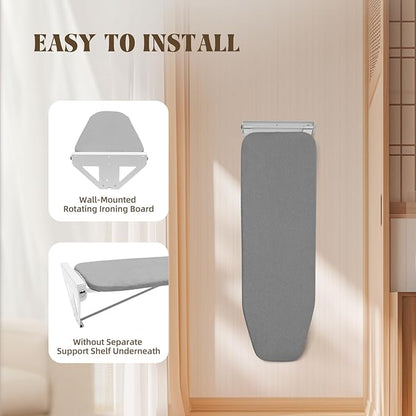 Wall-Mounted Ironing Board, Foldable Laundry Iron Board, Space Saving Ironing Station, Swivel Ironing Board with Heat Resistant Cover for Home, Apartment & Small Spaces, 39.3" x 12" Gray