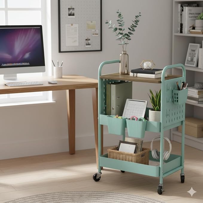 danpinera 3 Tier Rolling Cart, Metal Storage Cart with Wooden Tabletop, Storage Cart with DIY Pegboards & Locked Wheels, Hooks & Hanging Cups for Any Room