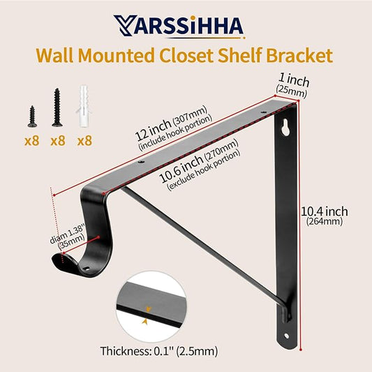 Yarssihha 4 Pack Closet Rod Bracket, 12 x 10.4 Inch Wall Mounted Closet Shelf Bracket, Black Closet Rod Support Bracket with Screws