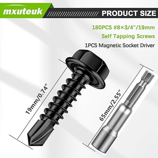 mxuteuk #8×3/4" Self Tapping Screws,410 Stainless Steel Self Tapping Screws for Metal,Self Drilling Screws,Hex Washer Head Screws Suitable for Wood, Metal or Tough Materials (180PCS)
