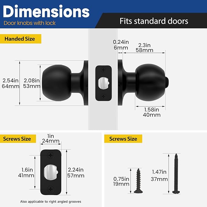 4 Pack Keyed Entry Door Knob with Lock and Key, Exterior and Interior Door Knob for Bedroom or Bathroom, Matte Black, Not Keyed Alike