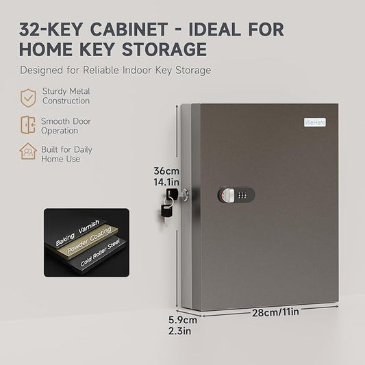 WeHere 32 Key Lock Box - Wall Mounted Key Cabinet with 3-Digit Combination Lock & Backup Key, Key Organizer Lockbox for Home, Office, Rental, Property Management, Includes Key Tags