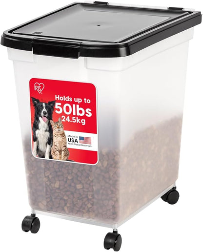 IRIS USA 50 Lbs / 65 Qt WeatherPro Airtight Pet Food Storage Container with Removable Casters, for Dog Cat Bird and other Pet Food Storage Bin, Keep Fresh, Translucent Body, Easy Mobility, Clear/Black