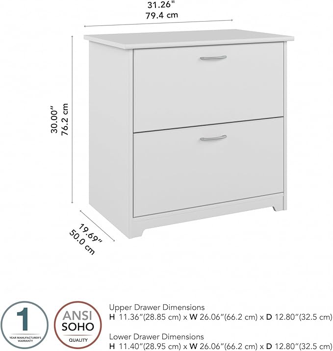 Bush Home Cabot 2 Drawer Lateral File Cabinet in White, Home Office Chest for Letter, Legal, and A4-size Document Storage