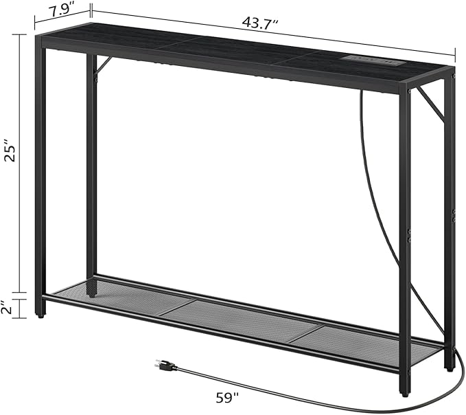 Sofa Table with Power Outlet, 43.7" Console Table with USB Ports, Behind Couch Table, Entryway Table for Living Room, Entryway, Foyer, Metal Frame, Adjustable Feet, Black CTHB11E01N1