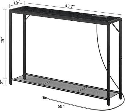 Sofa Table with Power Outlet, 43.7" Console Table with USB Ports, Behind Couch Table, Entryway Table for Living Room, Entryway, Foyer, Metal Frame, Adjustable Feet, Black CTHB11E01N1