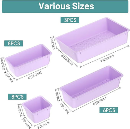 WOWBOX 25 PCS Plastic Drawer Organizer Set, 4 Sizes Desk Drawer Divider Organizers and Storage Bins for Makeup, Jewelry, Gadgets for Kitchen, Bedroom, Bathroom, Office, Purple
