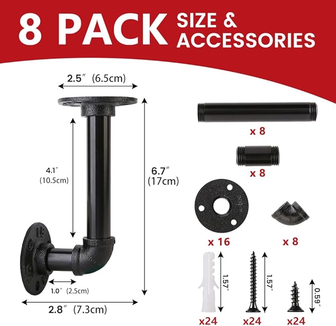 8 Pack Shelf Brackets for 7-14 in Floating Wooden Board Pipe Shelf Brackets, Heavy Duty Pipe Shelving Bracket, L Industrial Shelving Brackets, Shelves Bracket, Black