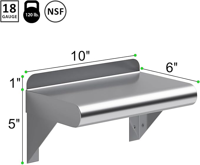 NSF Certified 18 Gauge Heavy Duty Stainless Steel Wall Shelf with Brackets for Kitchens, Utility Rooms, Storage, Offices & Home (10"x6")