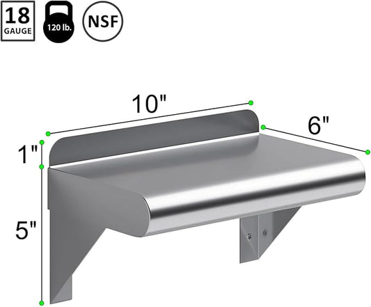 NSF Certified 18 Gauge Heavy Duty Stainless Steel Wall Shelf with Brackets for Kitchens, Utility Rooms, Storage, Offices & Home (10"x6")