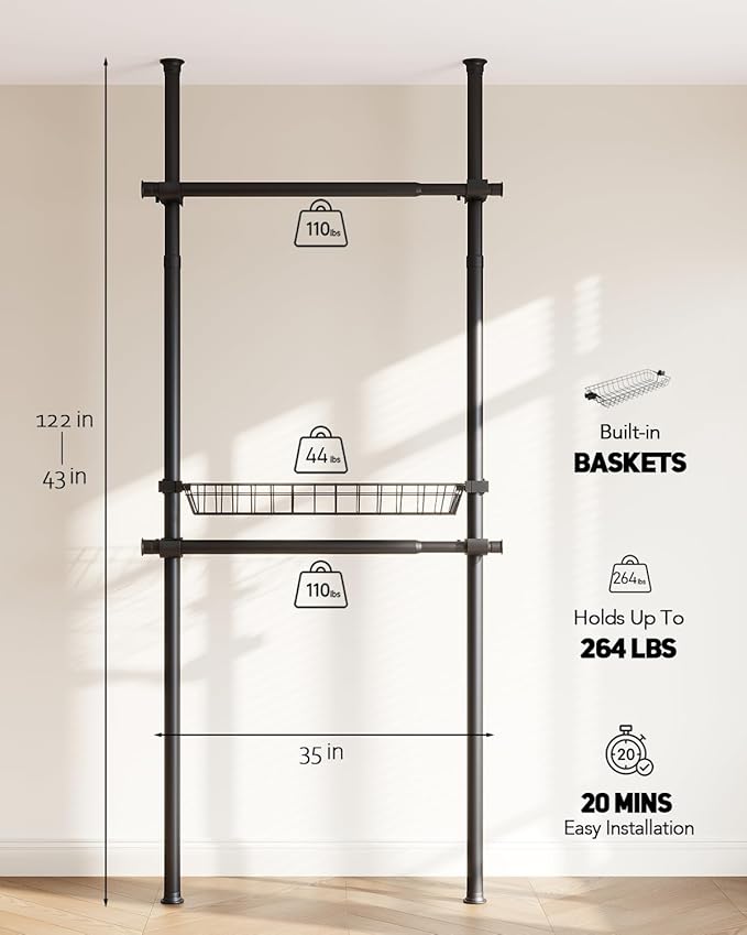 Floor-to-Ceiling Clothing Rack with Wire Storage Basket, Double Hanging Rods, Adjustable Tension Closet Organizer for Bedroom, Walk-In Closet, Laundry Room, 2-Pole, Black