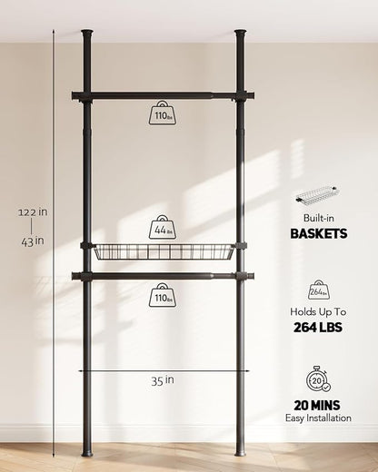 Floor-to-Ceiling Clothing Rack with Wire Storage Basket, Double Hanging Rods, Adjustable Tension Closet Organizer for Bedroom, Walk-In Closet, Laundry Room, 2-Pole, Black