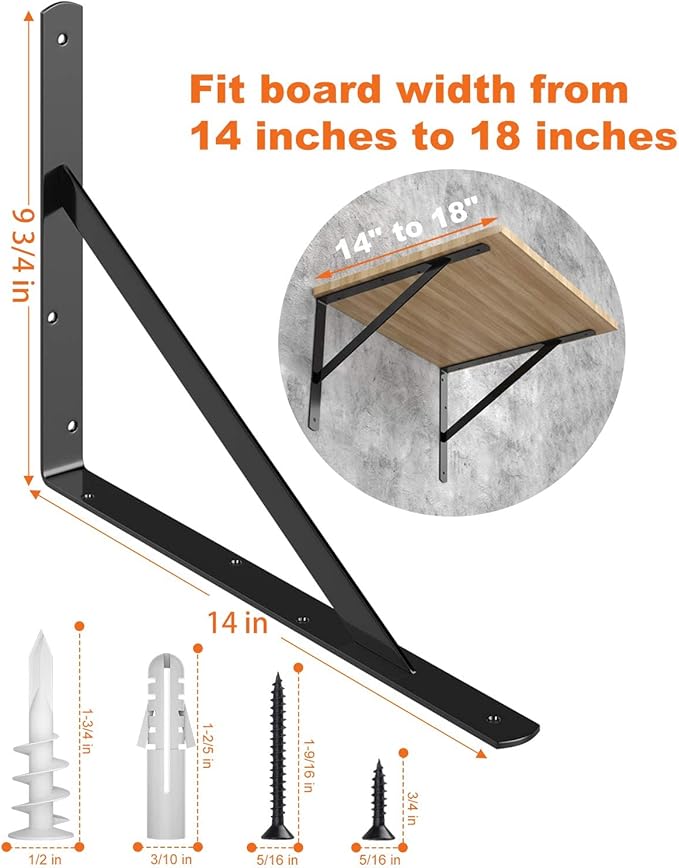 LuckIn 8-Pack 14 Inch Heavy Duty Shelf Bracket, Fit for 14 16 18 Inch Floating Shelves, Wall Shelf L Brackets with 90 Degree Triangle, 250 LBS Max Load, Mounting Hardware Included, Black