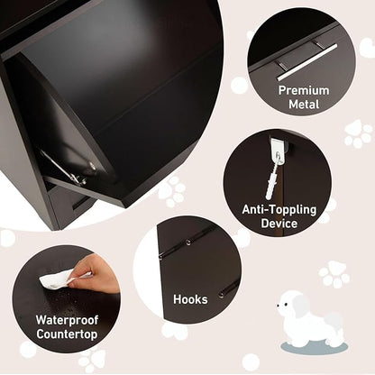 Dog Food Cabinet Feeding Station with 2 Raised Bowls, Pull Out Elevated Dog Bowl, Storage, 3 Hangers, Pet Feeder Toy Leashes Organizer, Brown