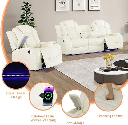 Leather Power Recliner Sofa Chair Sets with LED and Arm Storage,Creamy White Leather Living Room Reclining Sofa, Power Recliner Living Room Furniture Sets with Reading Lights/LED/Cup Holders