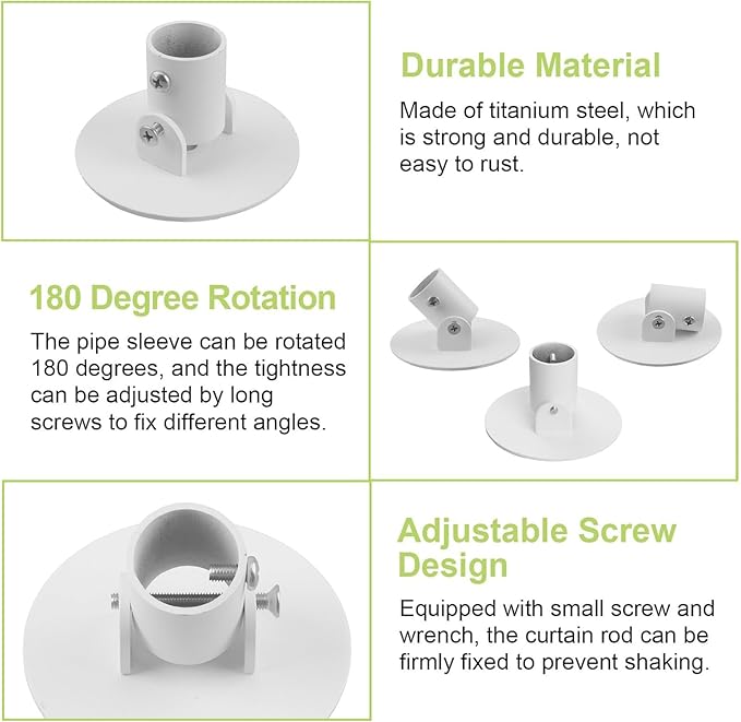 Shower Curtain Rod Bracket, 4Pcs 26mm Inner Diameter Titanium Steel Shower Curtain Rod Single Swivel Flange Curtain Rod Wall-Mount Bracket with Screws (White)