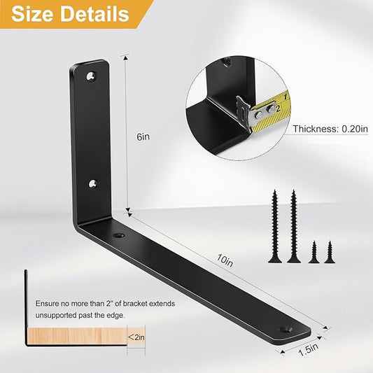 12 Pack - L 10" x H 6" x W1.5, 5mm Thick Black L Shelf Bracket, Iron Shelf Brackets, Metal Shelf Brackets, Floating Shelf, Shelf Supports with Screws