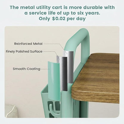 danpinera 3 Tier Rolling Cart, Metal Storage Cart with Wooden Tabletop, Storage Cart with DIY Pegboards & Locked Wheels, Hooks & Hanging Cups for Any Room