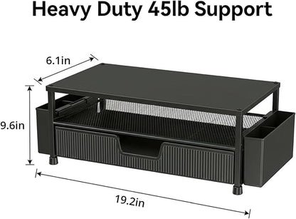 Desk Organizer and Accessories, 2-Tier Computer Monitor Stand Rise with Storage Drawer & 2 Pen Holders, Laptop & Printer Stand for Desktop, Workspace Organizers for Office Supplies (Black 2-Pack))