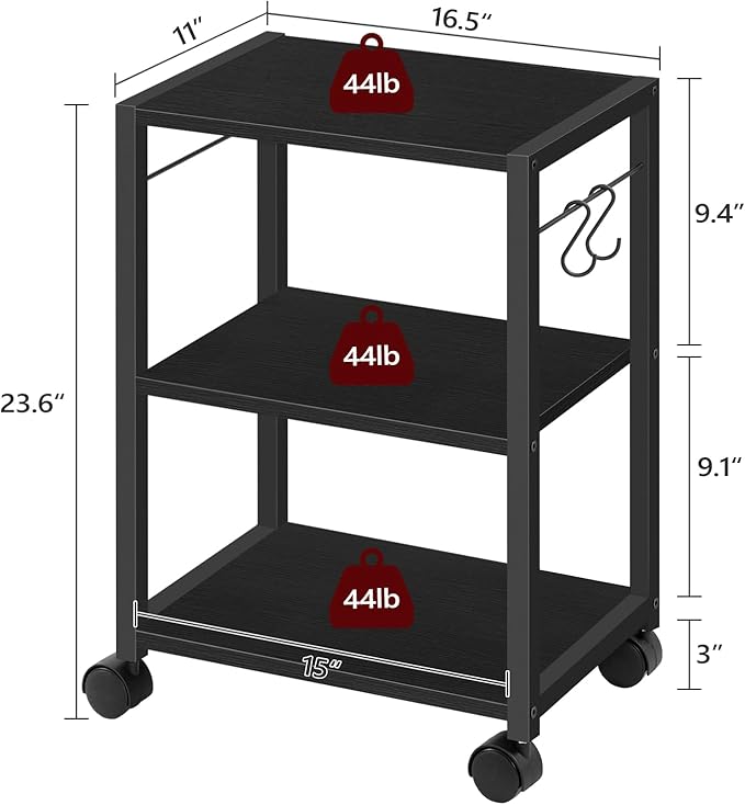 Printer Stand, 3-Tier Under Desk Rolling Cart with Storage Shelf, Heavy Duty Printer Table with Wheels for Home Office, Printer Shelf with 2 Hooks, for Small Spaces, Black PTHB4001V