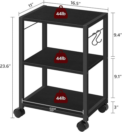 Printer Stand, 3-Tier Under Desk Rolling Cart with Storage Shelf, Heavy Duty Printer Table with Wheels for Home Office, Printer Shelf with 2 Hooks, for Small Spaces, Black PTHB4001V