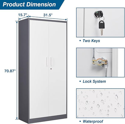 Metal Garage Storage Cabinet, 71-inch Tall Cabinet with Adjustable Shelves & Locking Doors, Tool Cabinets for Garage,Office,Home,School,Gym (Grey White)