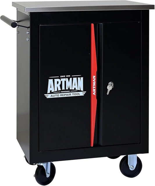 1 Cabinet 2 Shelves Rolling Tool Chest with Stainless Steel Countertop,Tool Chest with Secure Locking System,Mobile Storage Tool Cabinet with 360°Wheels & Padded Feet,for Home,Garage(Black+Red)