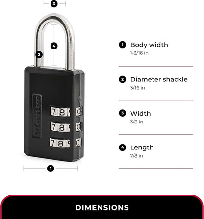 Master Lock Black Combination Padlock, Indoor Gym Locker Lock with Customizable 3-Digit Code for Luggage, Backpacks, Cabinets, 2 pk, 647EC2