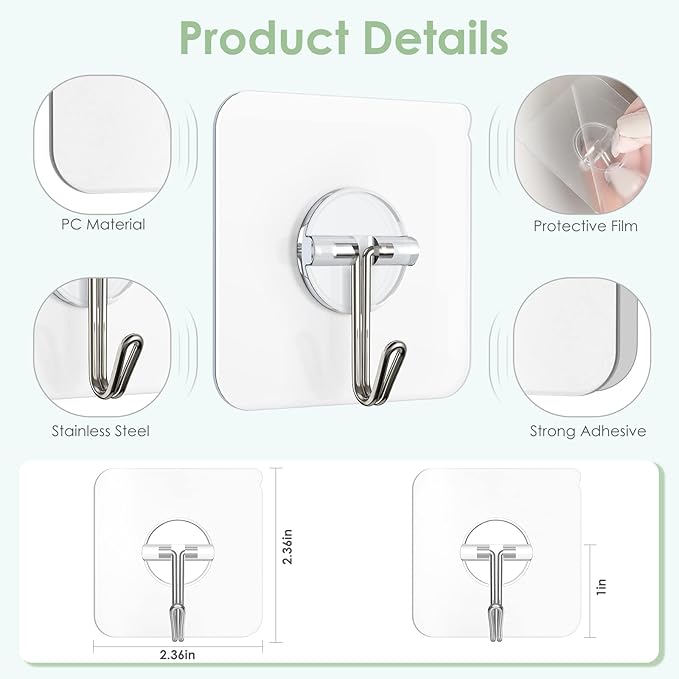 Adhesive Wall Hooks for Hanging, Clear Removable Window Hooks 13 lb Stainless Steel Stick on Hooks Waterproof Self Adhesive Hooks for Shower Door Ceiling Kitchen Cabinet 24 Pack