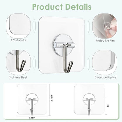 Adhesive Wall Hooks for Hanging, Clear Removable Window Hooks 13 lb Stainless Steel Stick on Hooks Waterproof Self Adhesive Hooks for Shower Door Ceiling Kitchen Cabinet 24 Pack