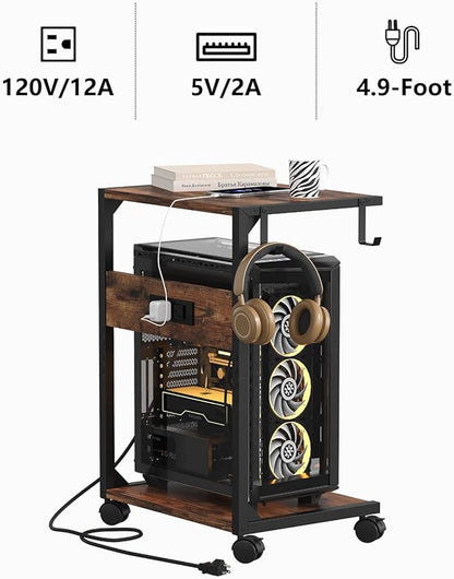 2 Tier Computer Tower Stand with Charging Station, 11.8" D x 16.5" W Rolling Floor PC Tower Stand Fits Under Desk, CPU Holder Cart for Carpet with Hooks, C Shaped End Table for Home Office