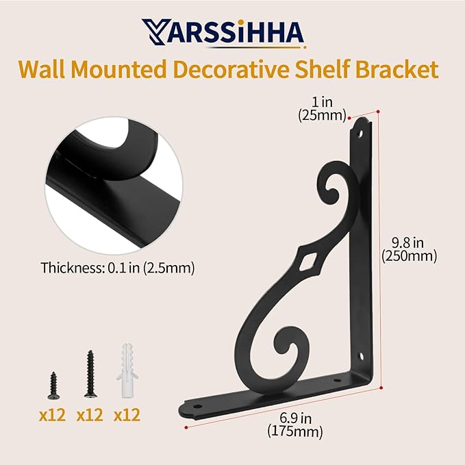 Yarssihha 10 Inch Decorative Shelf Brackets, 6 Pack Wall Mounted Metal Shelving Brackets, Heavy Duty Shelf Supports, Rustic L Shape Brackets for Floating Shelves DIY Home Kitchen, with Screws