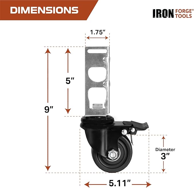 Iron Forge Tools Rolling Storage Rack Caster Wheels Heavy Duty - Set of 4 Locking Caster 3 Inch 1360 lb. Capacity for Boltless Self Locking Shelving Racks, Nylon and Steel Ball Bearing Wheels