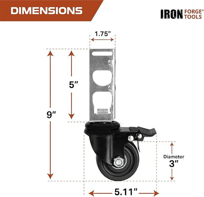 Iron Forge Tools Rolling Storage Rack Caster Wheels Heavy Duty - Set of 4 Locking Caster 3 Inch 1360 lb. Capacity for Boltless Self Locking Shelving Racks, Nylon and Steel Ball Bearing Wheels