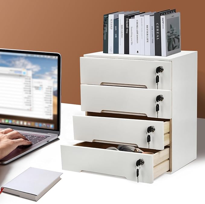 4 Drawers Wood Storage Box, Flat File Cabinet, Storage Cabinet Organizer with Lockable Drawers, Office Supplies File Organizer, Art Storage Cabinets, Multipurpose Tool Box for Home Office (White)