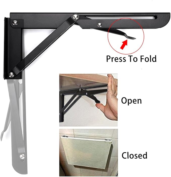 Sumnacon Sturdy Folding Shelf Brackets - Heavy Duty Metal Triangle Table Bench Folding Shelf Bracket 10 Inch, 2 Pcs Folding Shelf Hinge Wall Mounted, Max Load 132lb (Black)